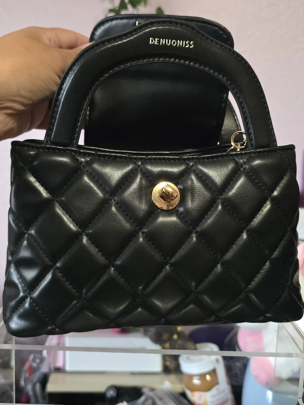 Quilted Top-Handle Bag in Black with Gold Hardware